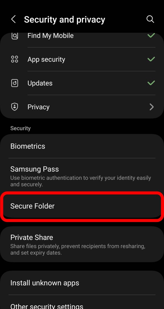 scroll down and tap on the ‘Secure Folder’ Option
