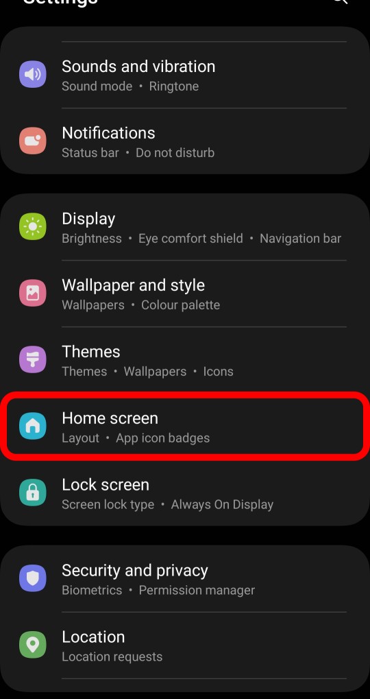 Home Screen icon in setting of Samsung device