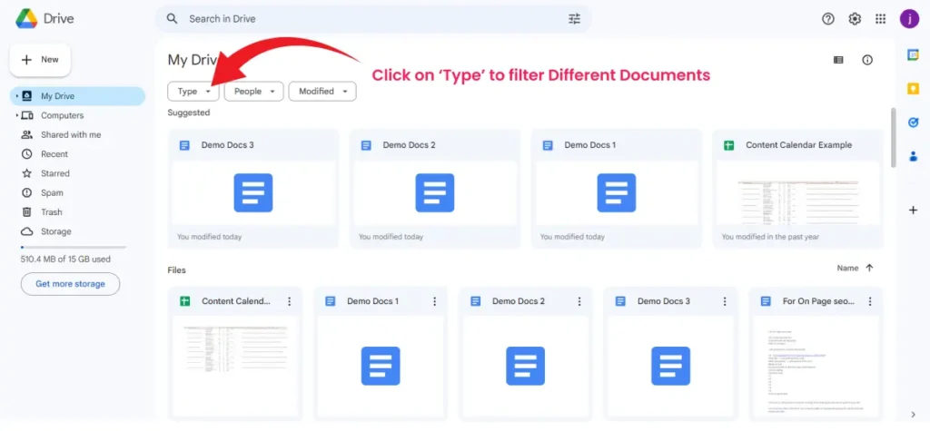 Click on ‘Type’ to filter Different Documents