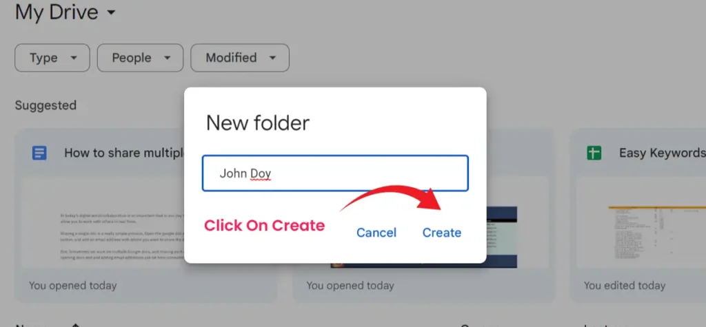 click on create to create new folder in google drive