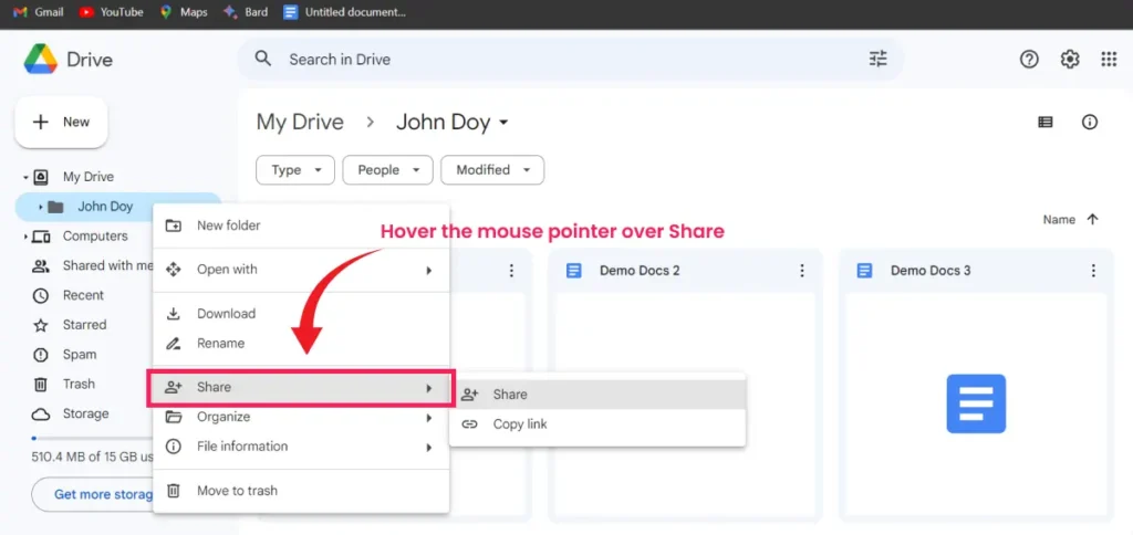 hover the mouse pointer over share