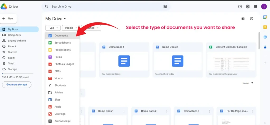select the type of documents you want to share