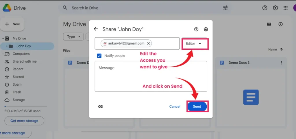 Edit the access you want to give and Just click on send 